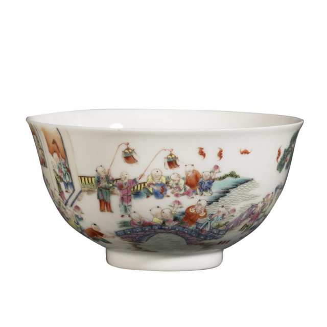 Famille Rose ‘Hundred Boys’ Bowl, Jiaqing Mark and Possibly of the Period (1896-1820)