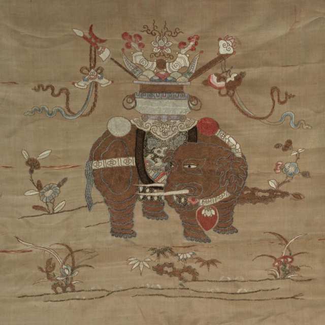 Silk Embroided Elephant and Fu Lion Textile Panel, 19th Century