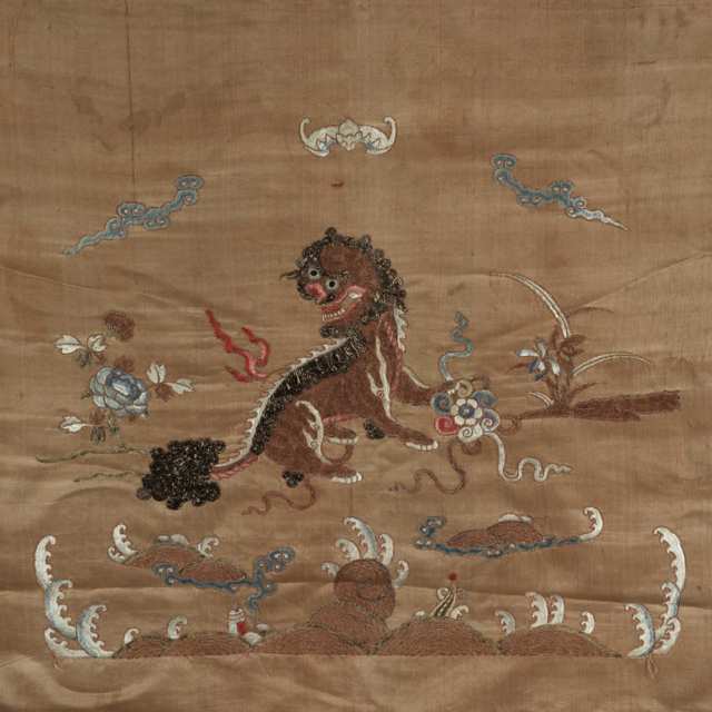 Silk Embroided Elephant and Fu Lion Textile Panel, 19th Century