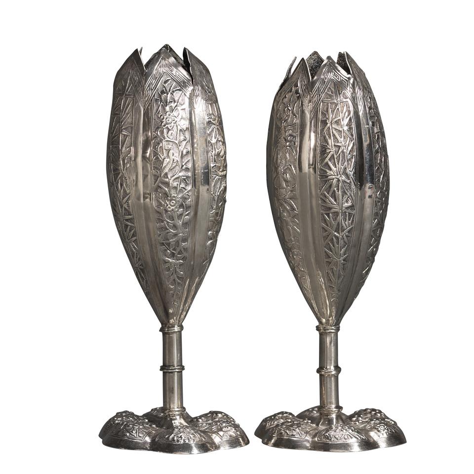 Pair of Export Silver Tulip Vases, 19th Century