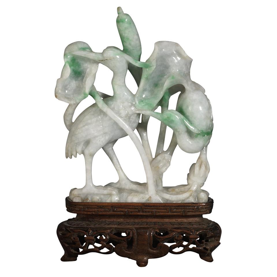Jadeite Carved Crane Group, Early 20th Century