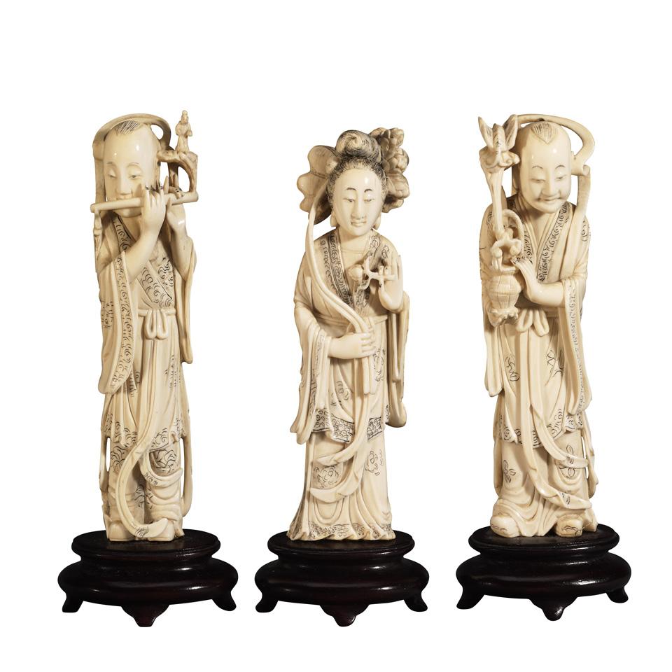 Three Ivory Carved Immortals, Late Qing Dynasty