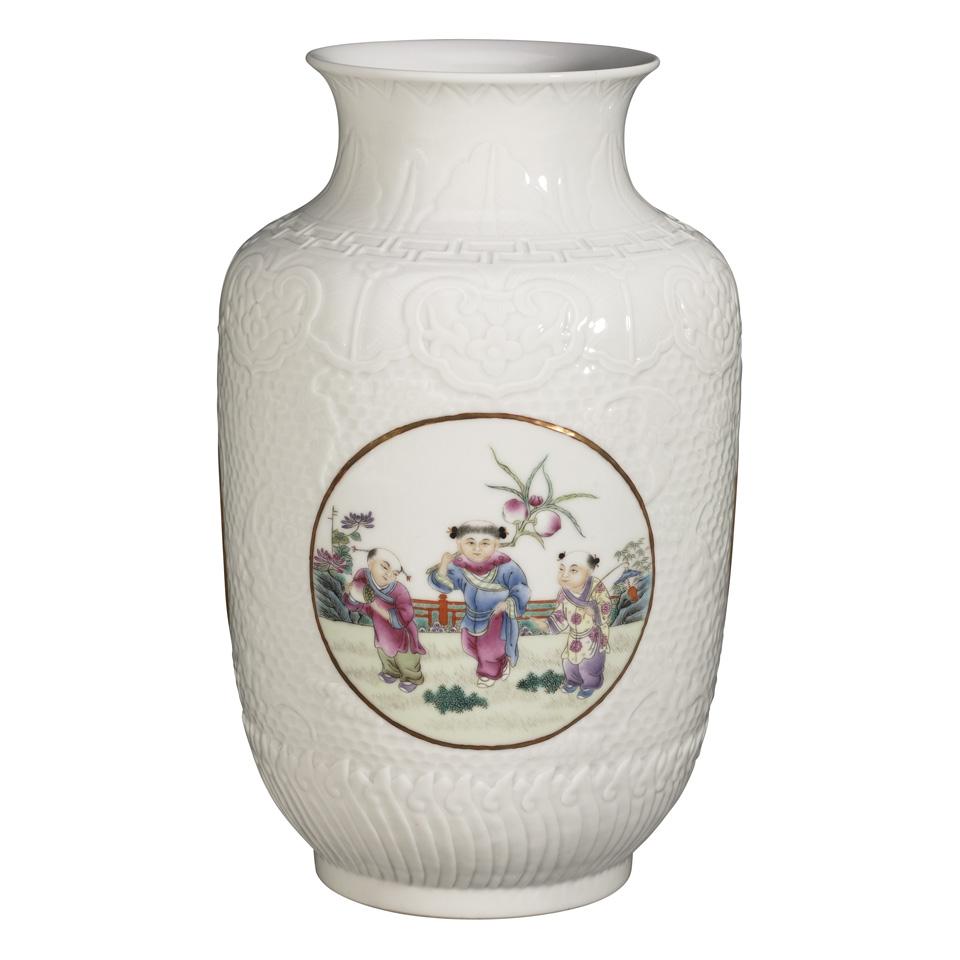 Famille Rose Moulded ‘Boys’ Lantern Vase, Hongxian Mark, Republican Period