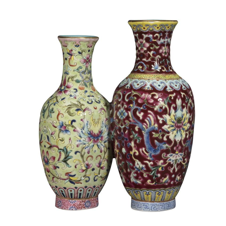 Famille Rose Joined Vase, Qianlong Mark, 20th Century