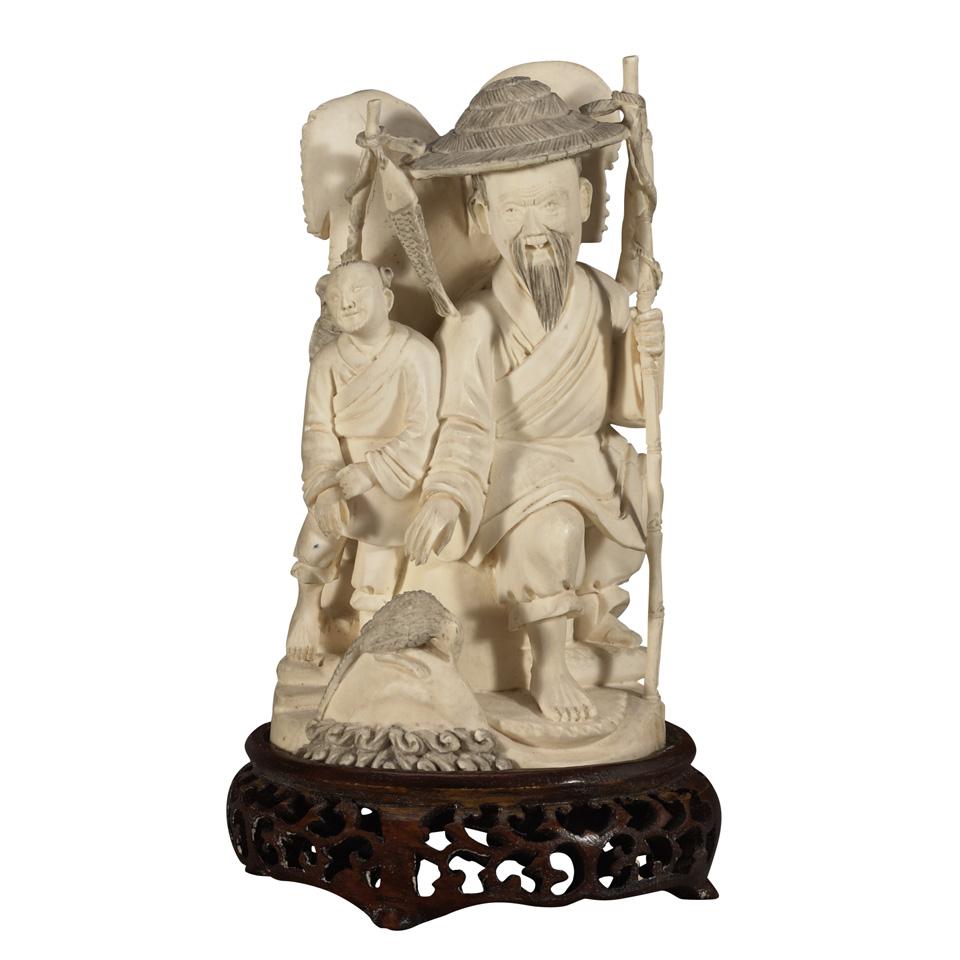 Ivory Carved Fisherman and Attendant