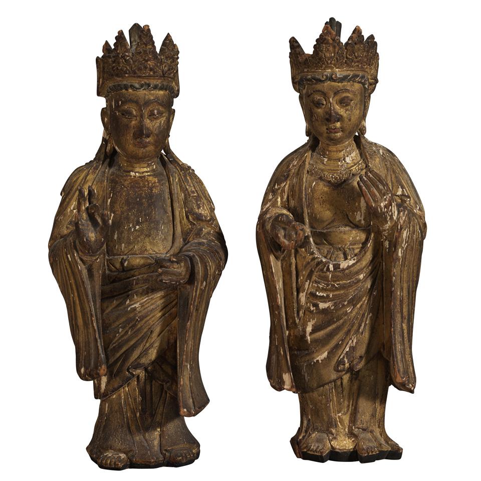 Pair of Gilt Wood Carved Buddhas, China, Ming Dynasty