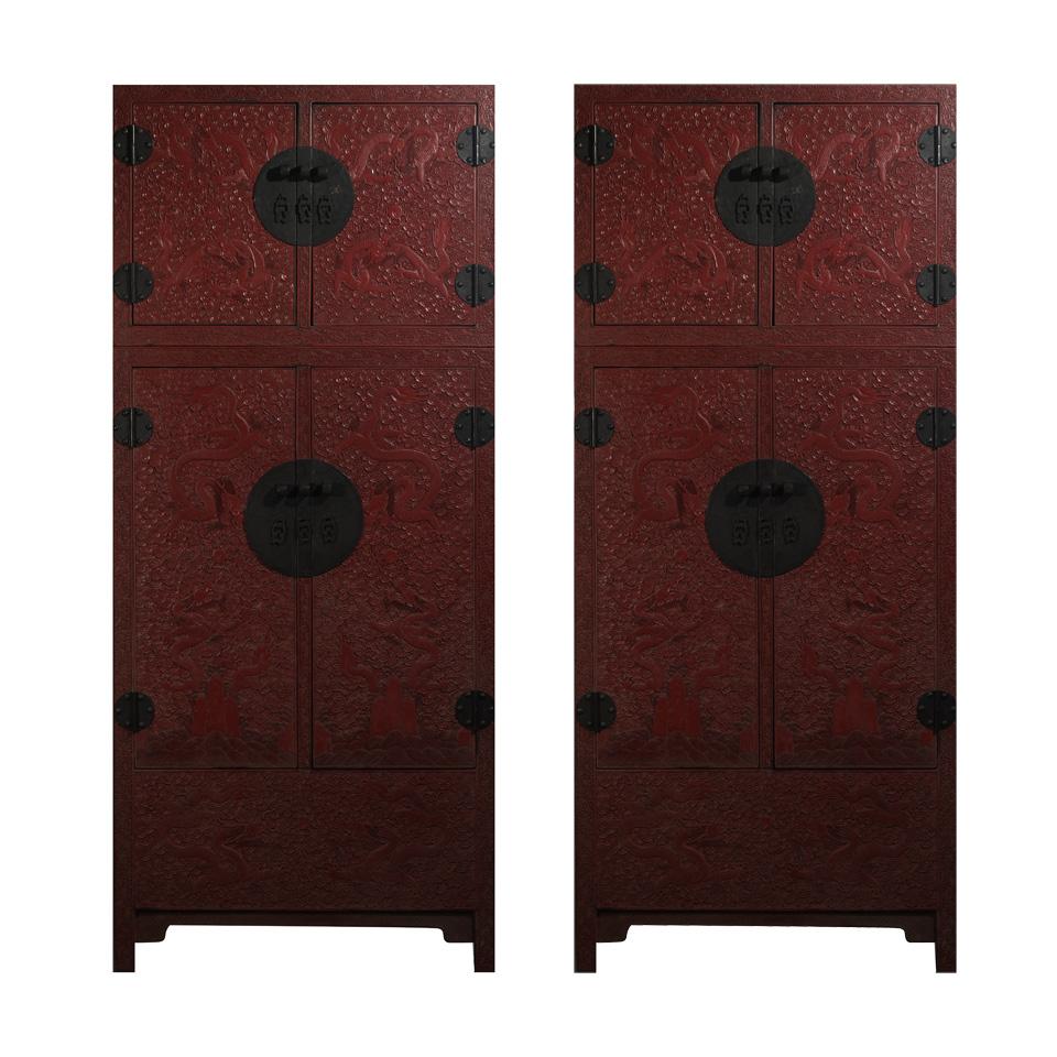 Pair of  Impressive Carved Cinnabar Lacquer Compound Cabinets, Republican Period