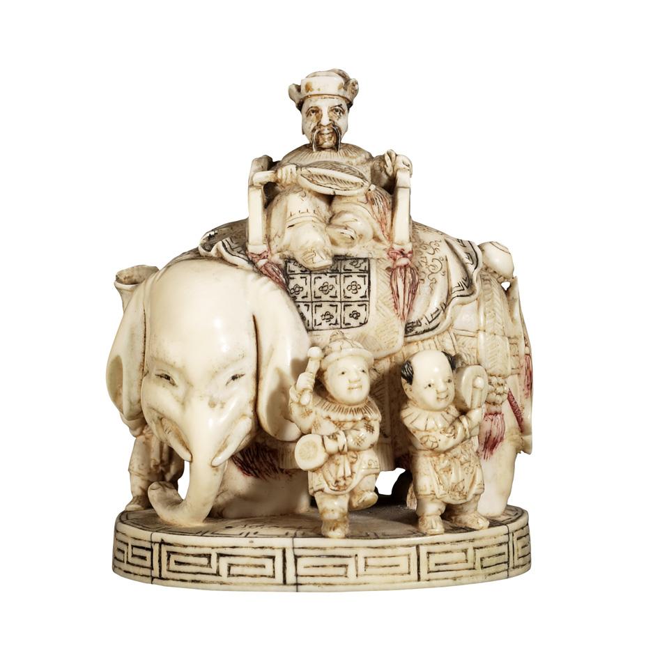 Tinted Ivory Okimono of an Elephant and Boys Group, Dated 1866