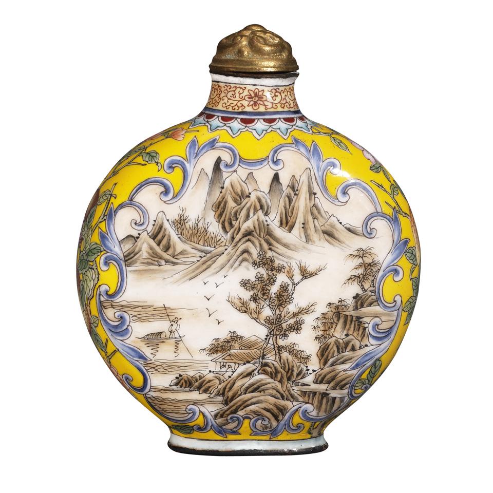 Beijing Enamel Landscape Snuff Bottle, Qianlong Mark