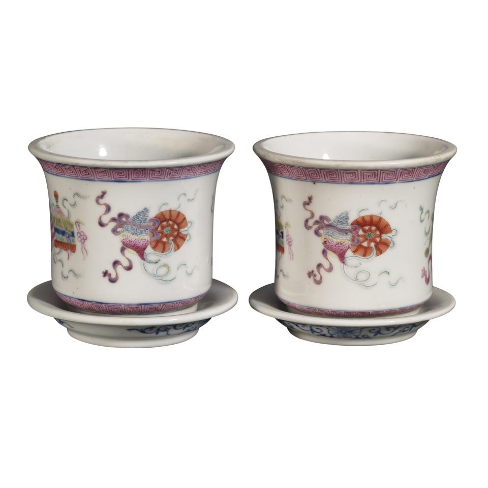 Pair of Famille Rose ‘Buddhist Emblem’ Flower Pot and Dishes, Qianlong Mark, Republican Period