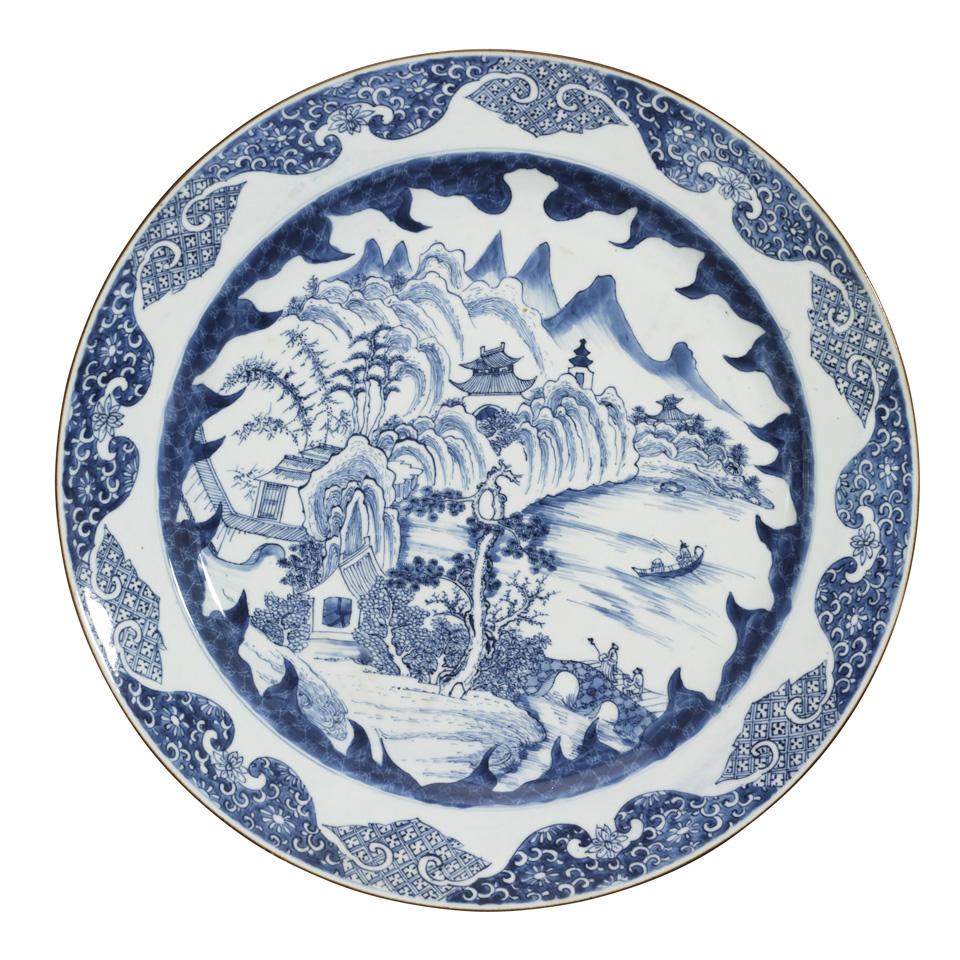 Large Export Blue and White Landscape Charger, 19th Century