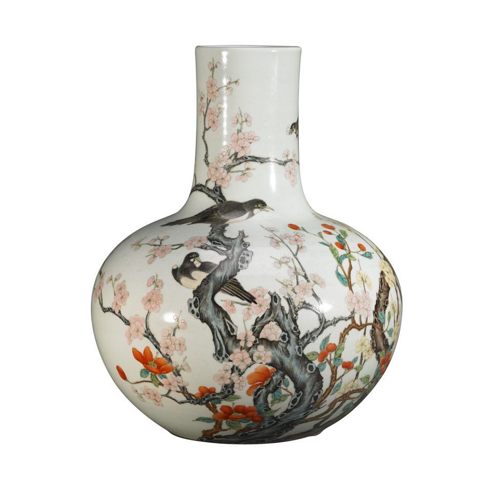 Famille Rose ‘Bird and Flower’ Vase, Qianlong Mark, 19th/20th Century