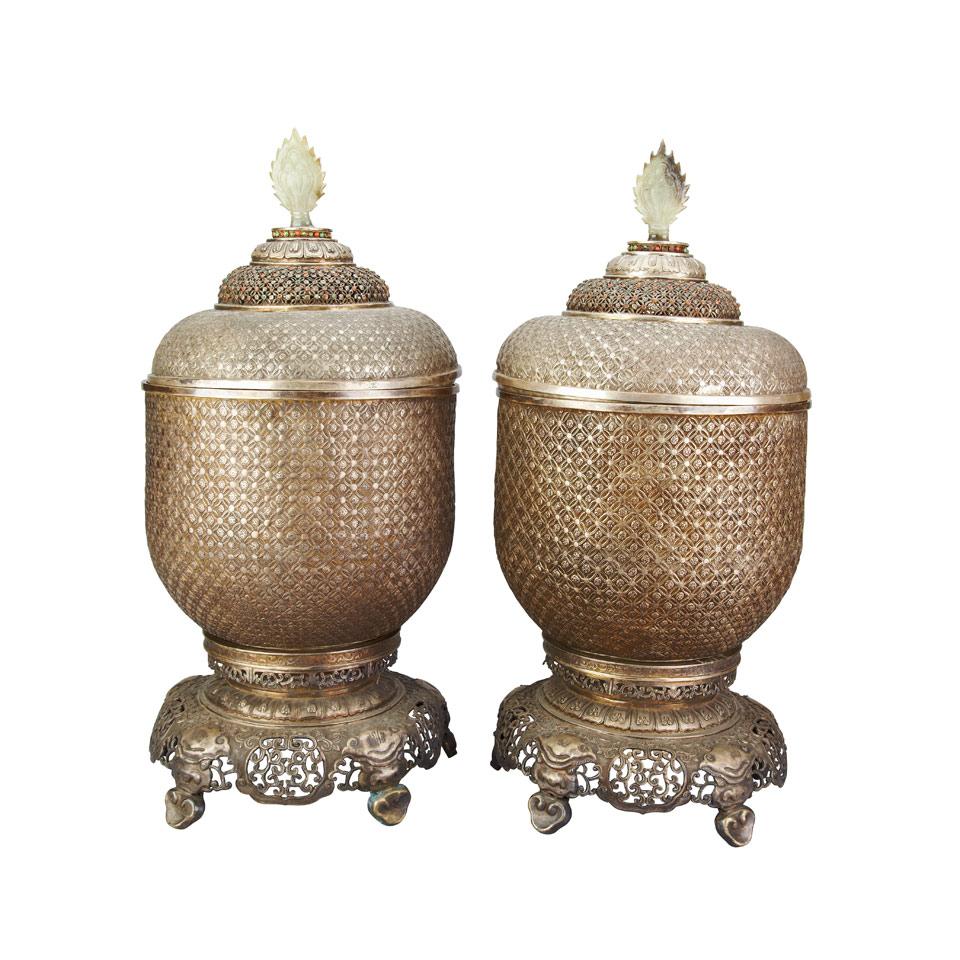 Pair of Silver Containers and Covers, Tibet or Mongolia
