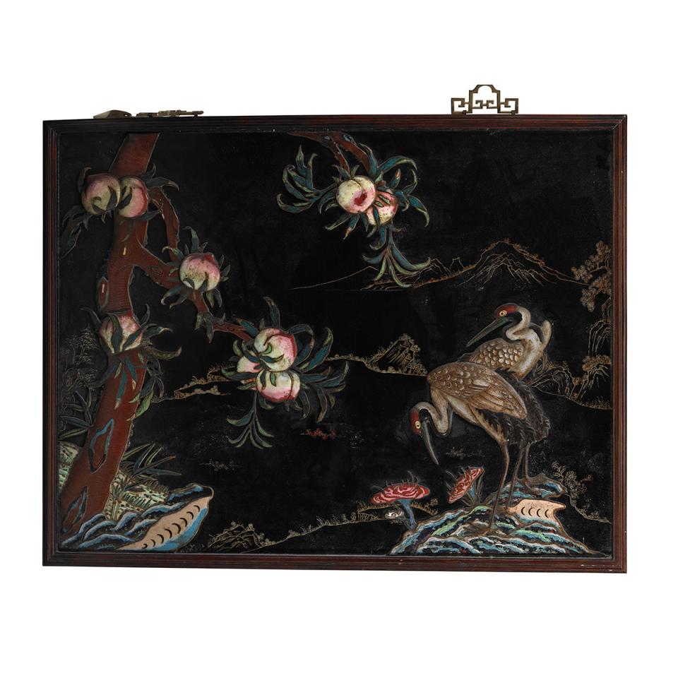 Cloisonné Enamel Nine Peaches and Crane Panel, Late Qing Dynasty