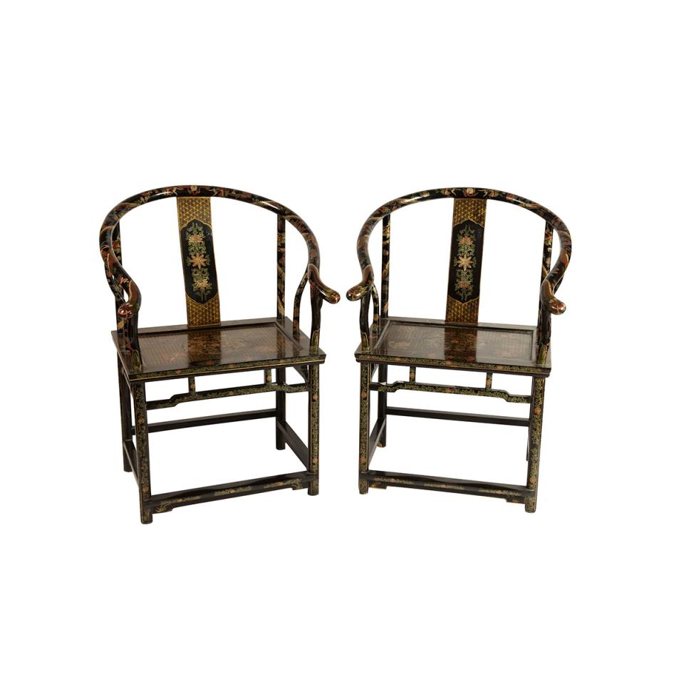 Pair of Black Lacquer Horseshoe Back Arm Chairs 