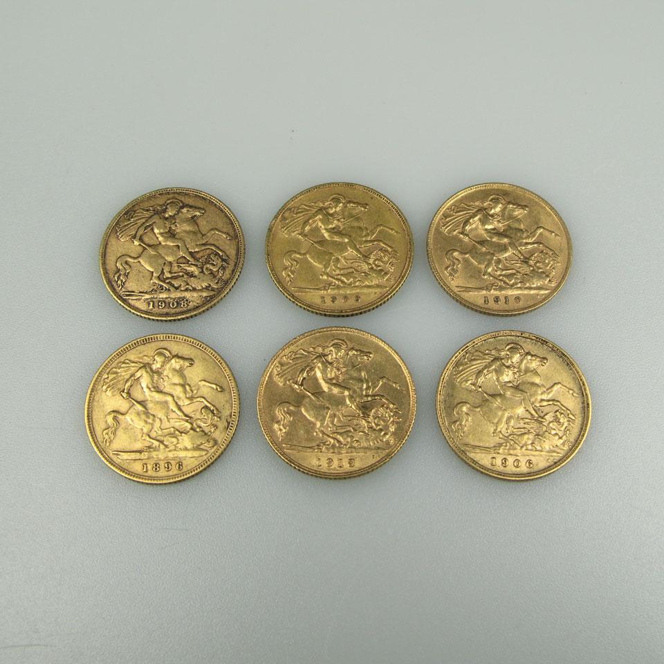 6 British Gold Half Sovereigns