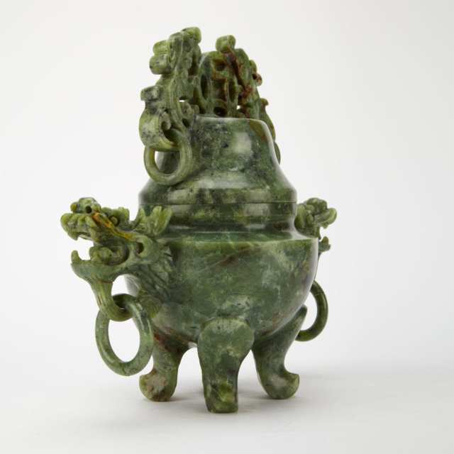 Large Spinach Green Jade Censer and Cover