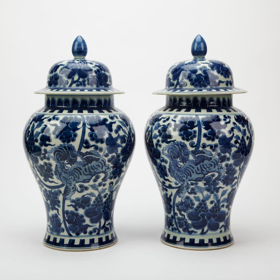 Pair of Blue and White Temple Jars and Covers, Kangxi Mark