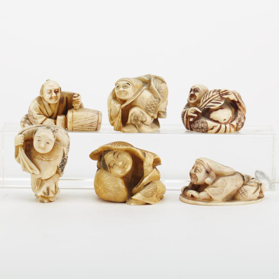 Group of Six Ivory Figural Netsukes