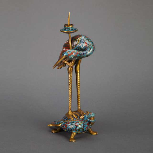 Pair of Chinese Cloisonné Enamelled and Gilt Bronze Longevity Crane Candle Prickets, Early 20th Century