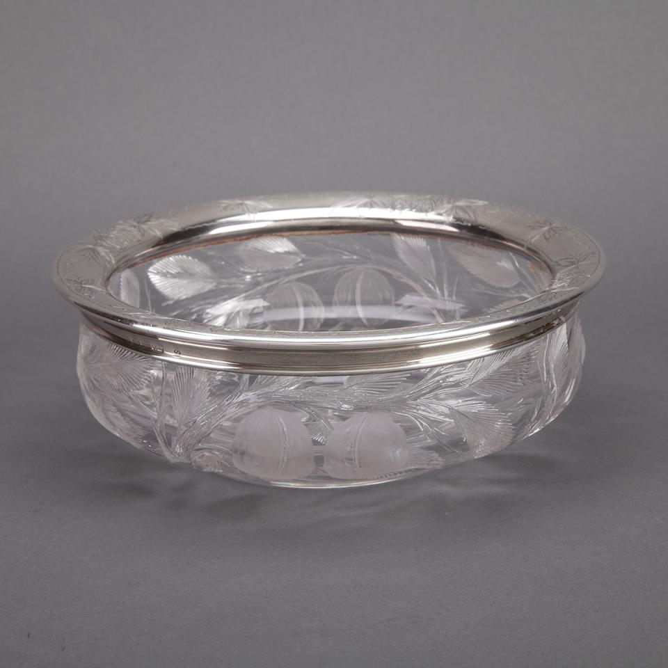 American Engraved Silver Mounted Etched and Cut Glass Bowl, Gorham Mfg. Co., Providence, R.I., 1910