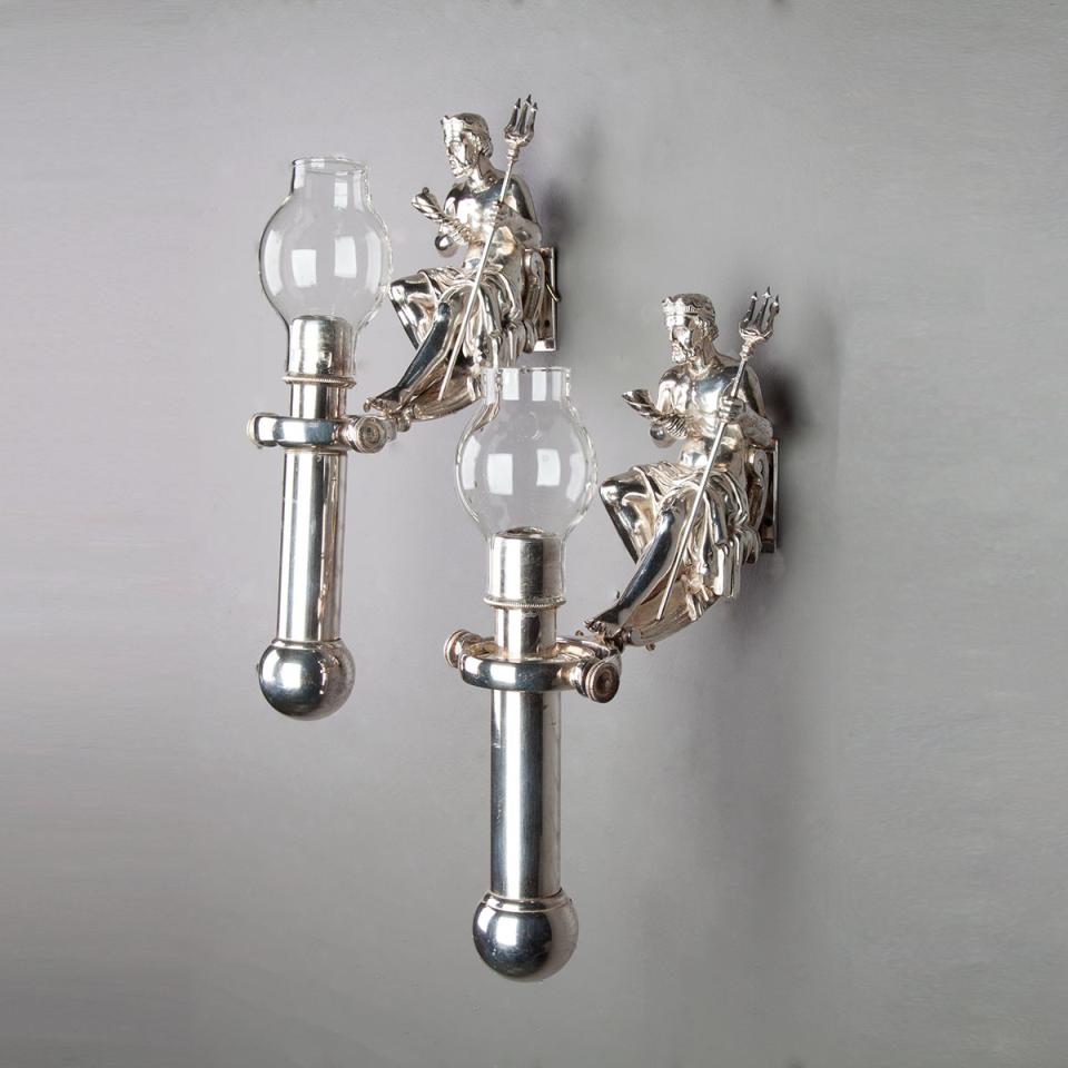 Set of Four Silvered Ship’s Figural Wall Sconces, Miller’s, London, early 20th century