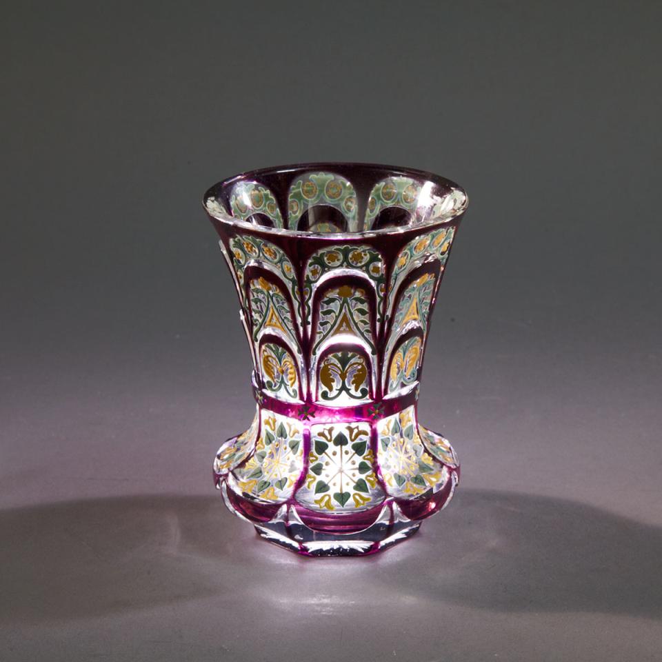 Bohemian Amethyst Overlaid, Cut and Enameled Glass Beaker, mid-19th century