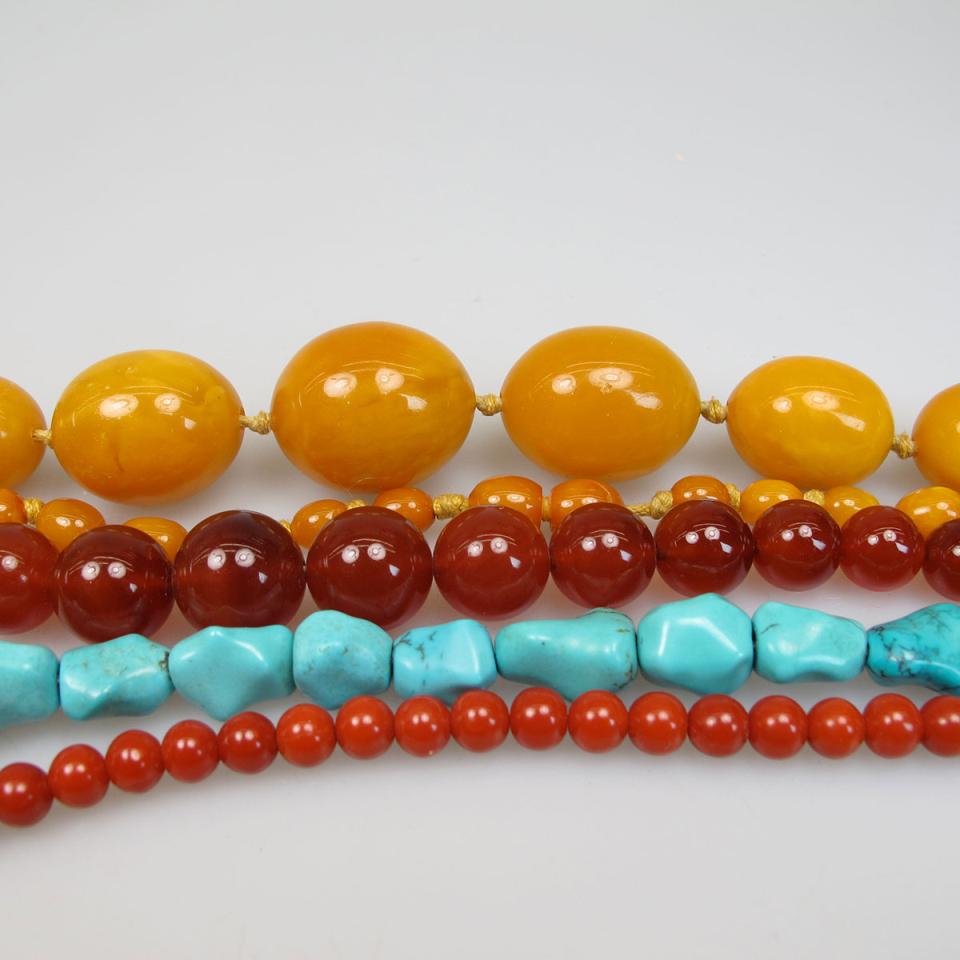 Single Strand Turquoise, Carnelian, Coral And Amber Bead Necklaces
