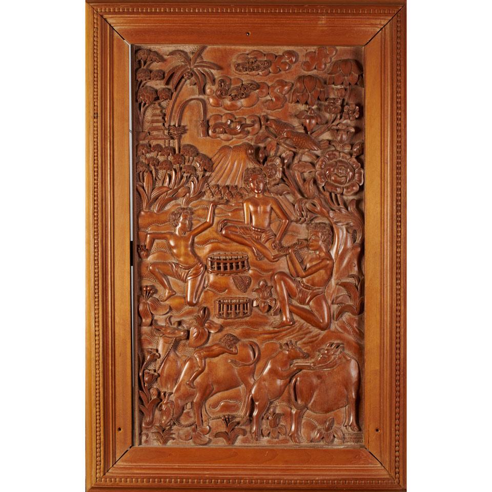 Hardwood Panel with Figures and Animals, South East Asia