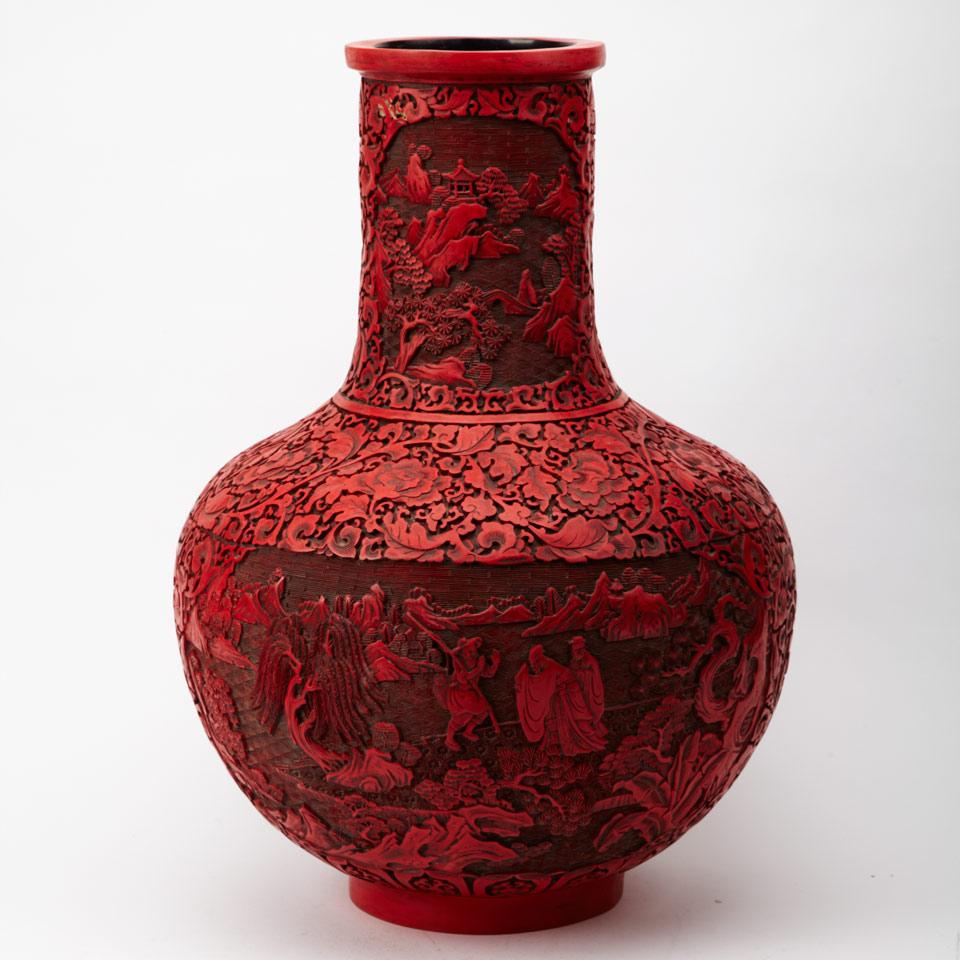 Massive Red Lacquer Landscape Vase