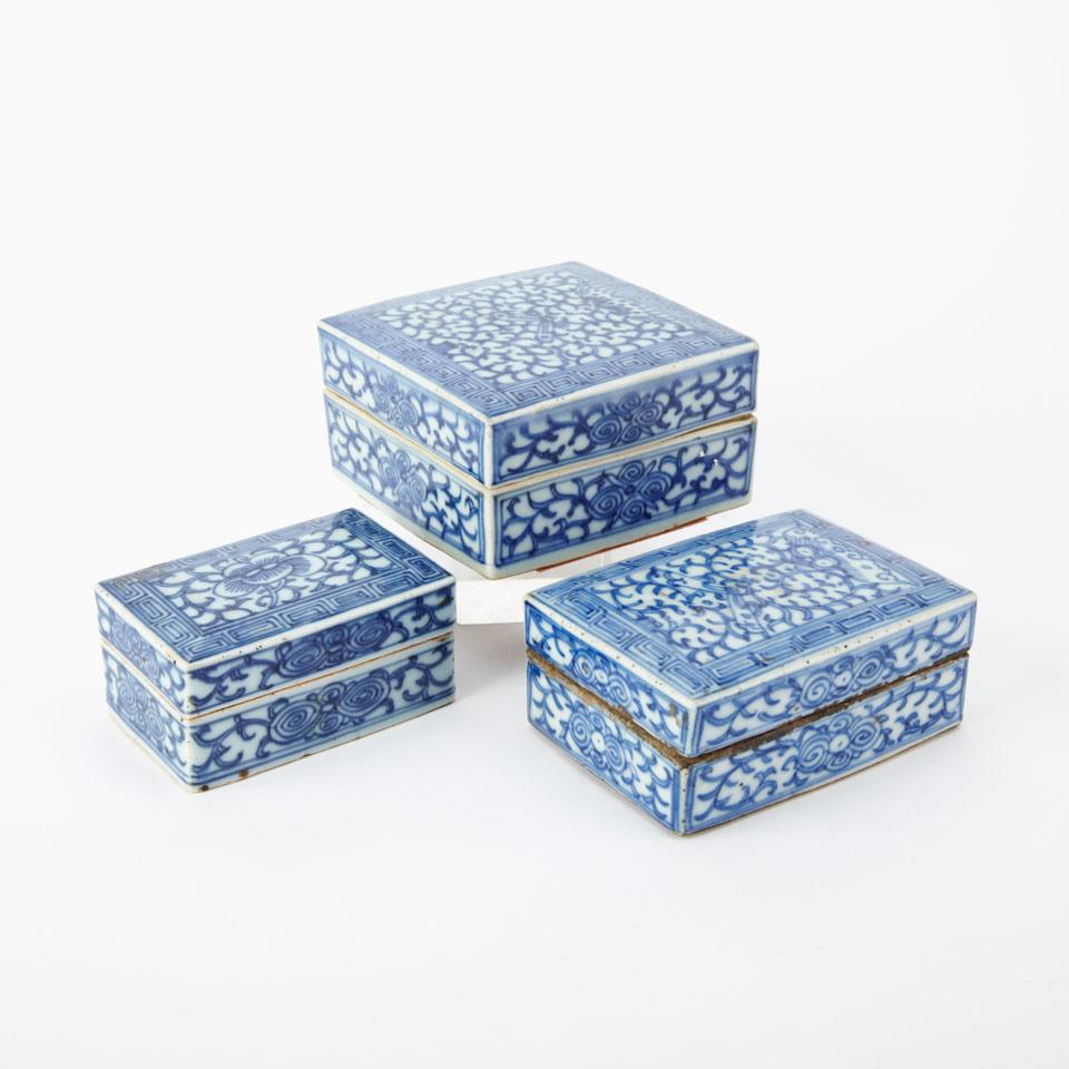 Three Blue and White Boxes and Covers, 19th Century