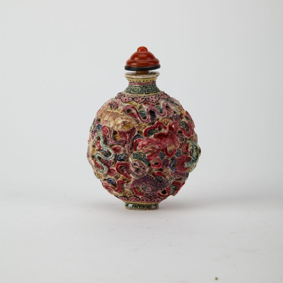 Moulded Famille Rose Porcelain Snuff Bottles, Qianlong Mark, Republican Period or Earlier