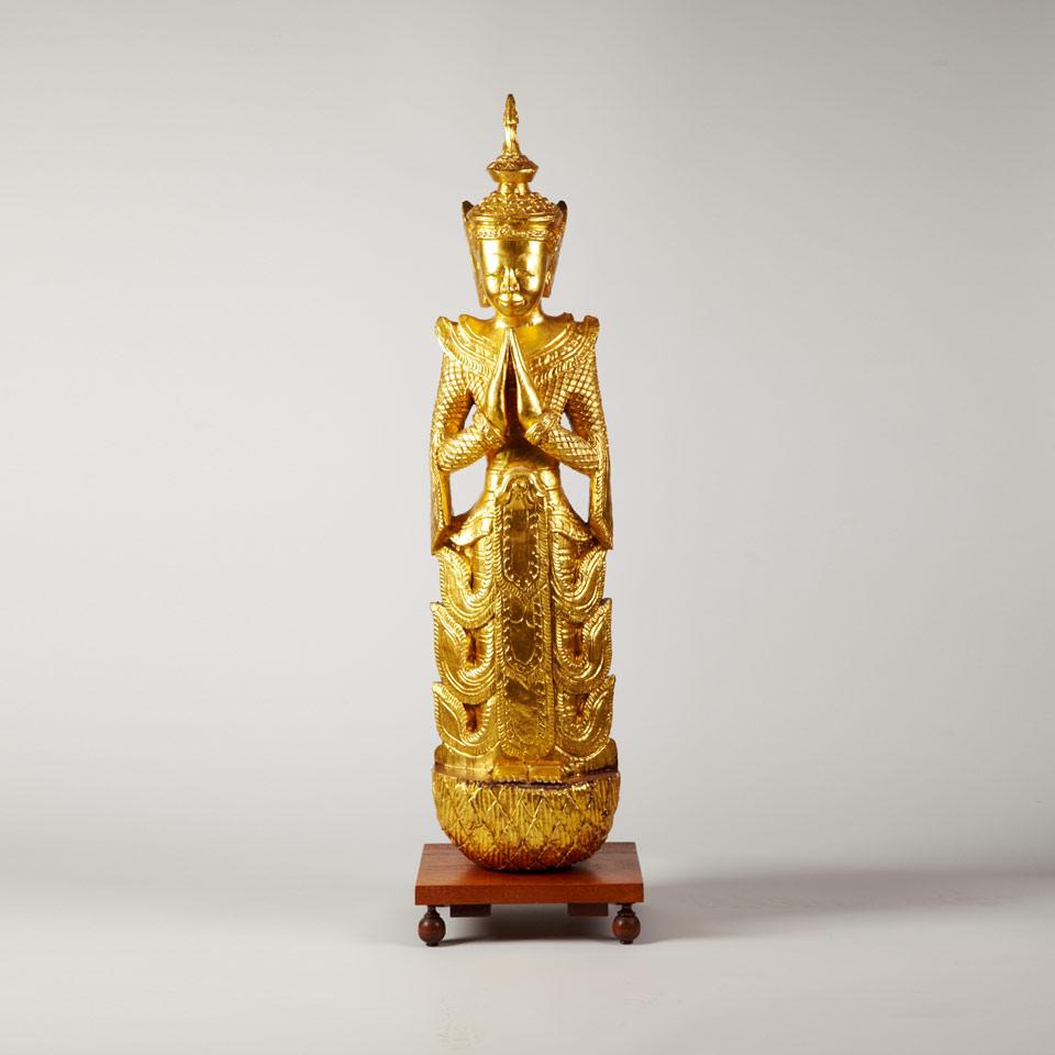 Large Wood and Gilt Painted Standing Female Deity, South East Asia