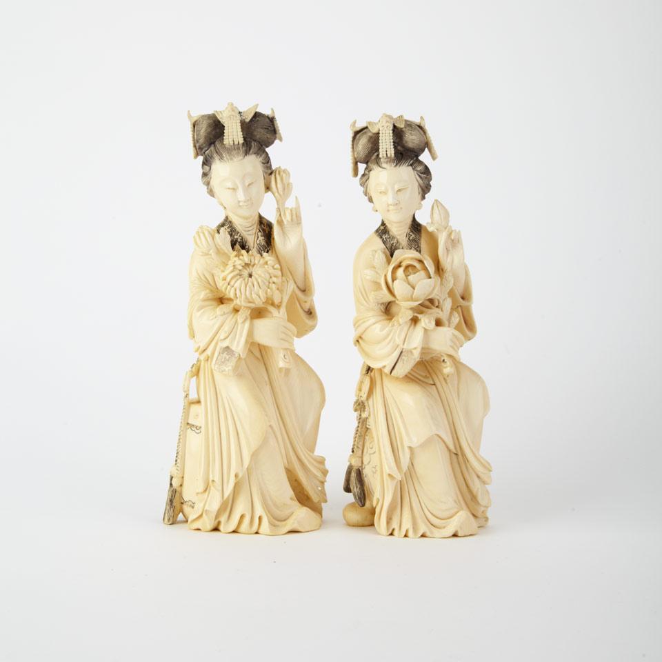 Pair of Ivory Carved Maidens