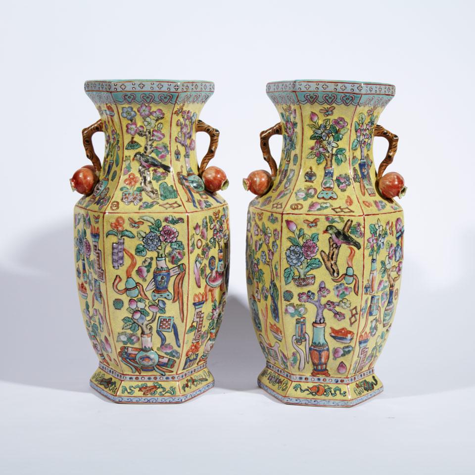 Pair of Famille Rose ‘100 Antiques’ Moulded Vases 