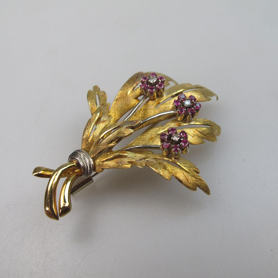 18k Yellow And White Gold Floral Spray Brooch