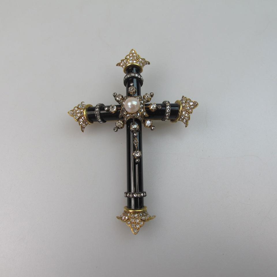 18k Yellow Gold, Silver And Onyx Cross Pendant