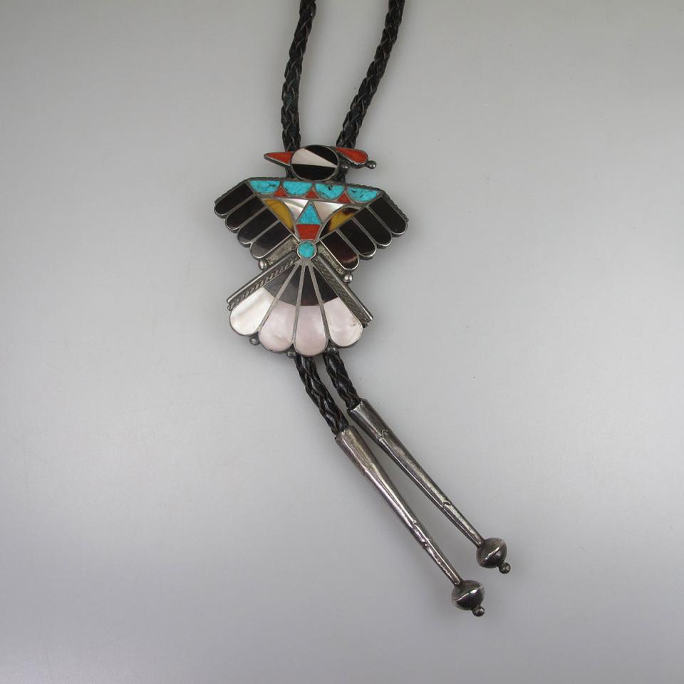 Zuni Sterling Silver And Braided Leather Bolo Necklace