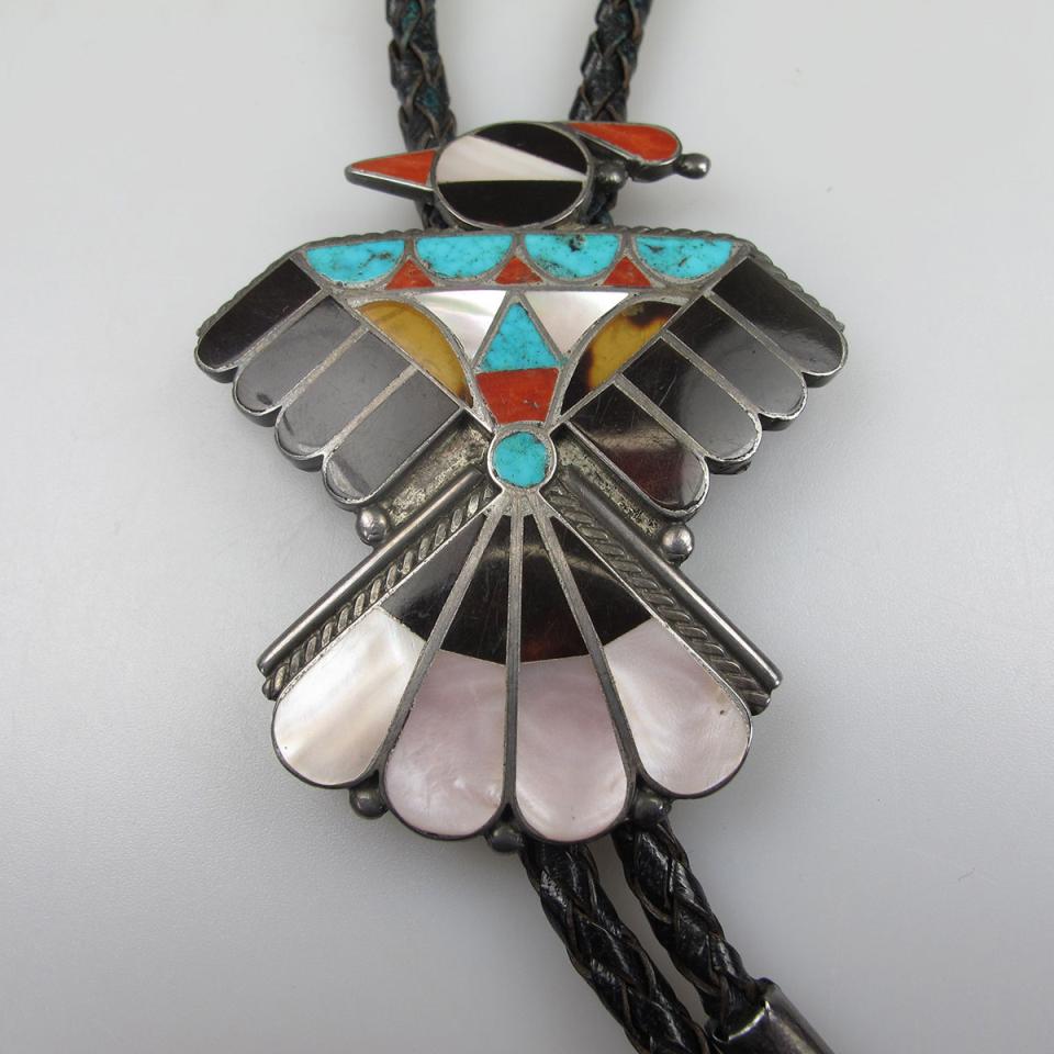 Zuni Sterling Silver And Braided Leather Bolo Necklace