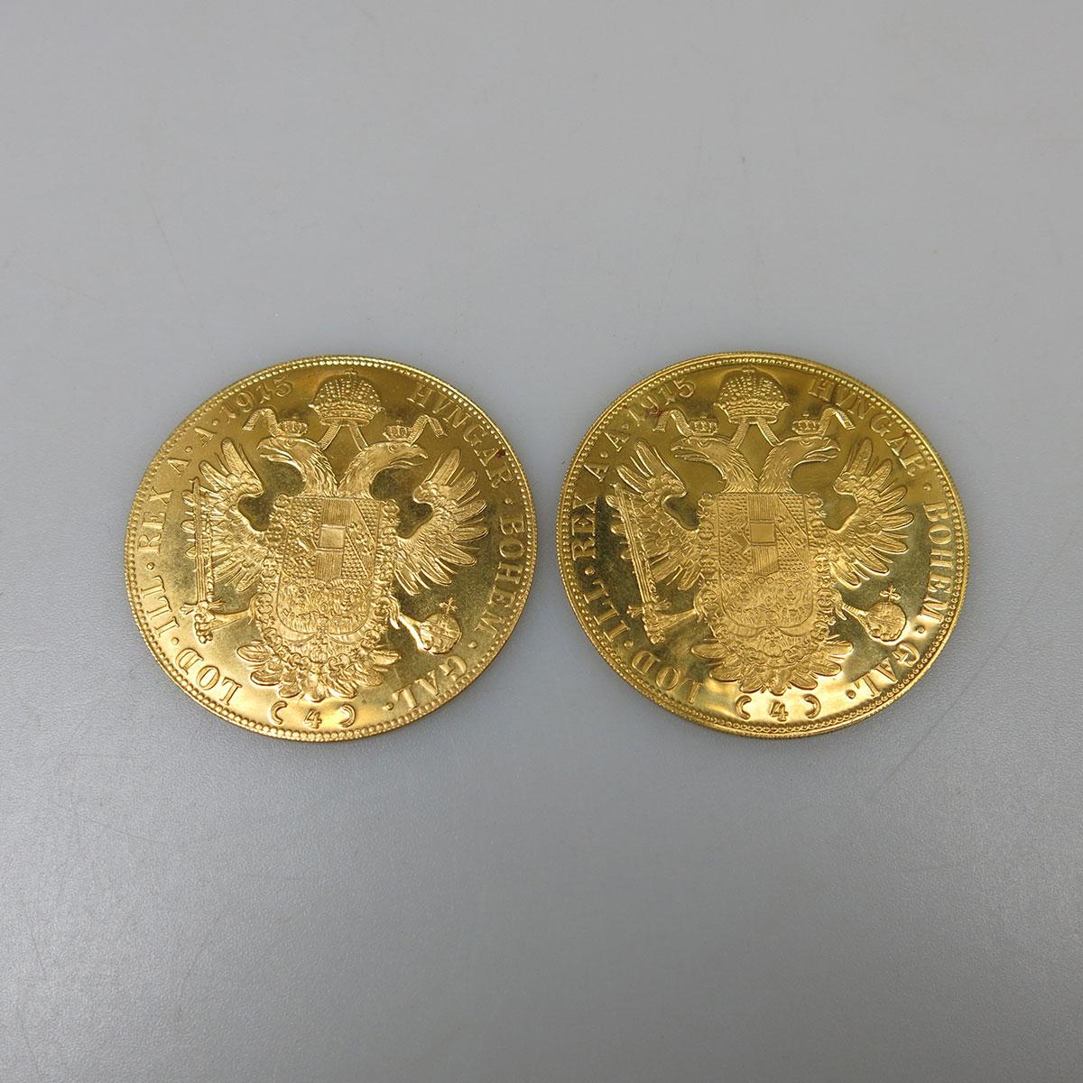 2 Austrian 1915 Restrike 4 Ducat Gold Coins
