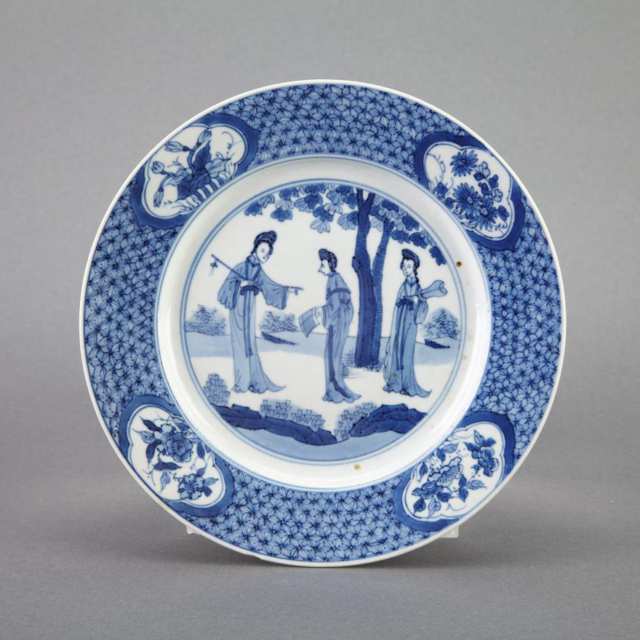 Group of Five Blue and White Figural Plates, Kangxi Period (1662-1722)
