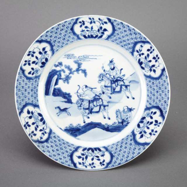 Group of Five Blue and White Figural Plates, Kangxi Period (1662-1722)