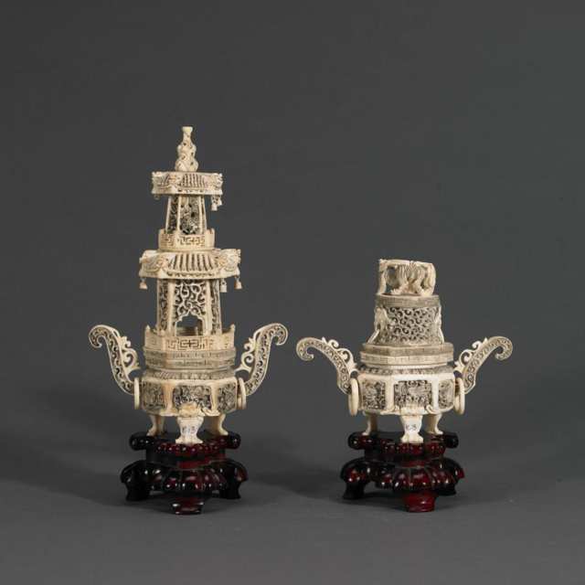 Pair of Ivory Carved Tripod Incense Burners