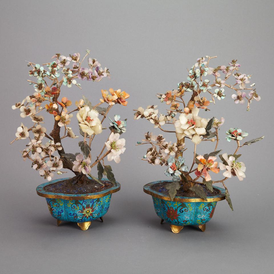 Pair of Cloisonné Enamel Planters and Hardstone Trees