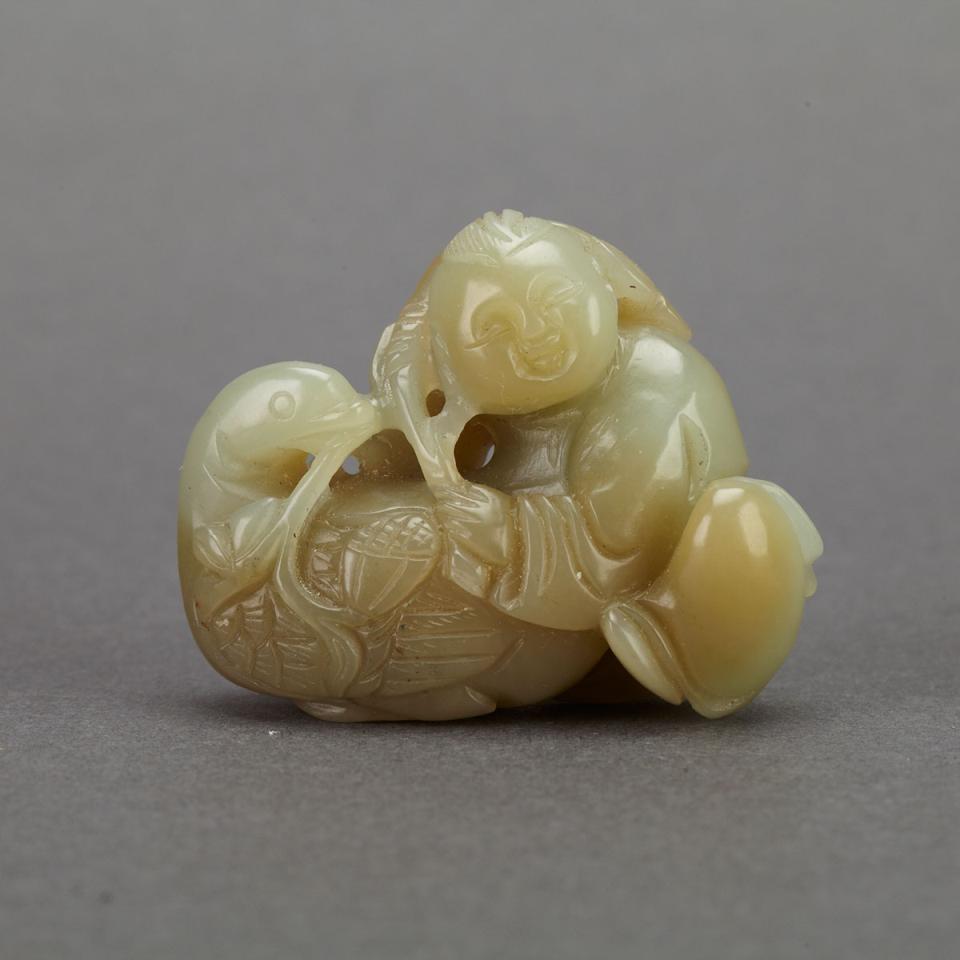 Celadon Jade Boy and Goose Group, Late Qing Dynasty