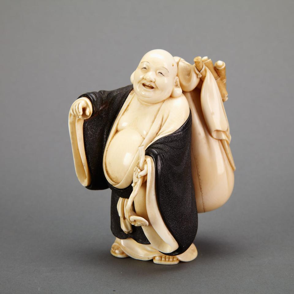 Ivory Carved and Lacquered Okimono of Hotei, Signed Shoko, Circa 1900