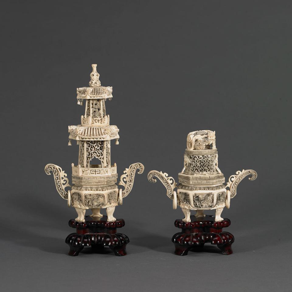 Pair of Ivory Carved Tripod Incense Burners
