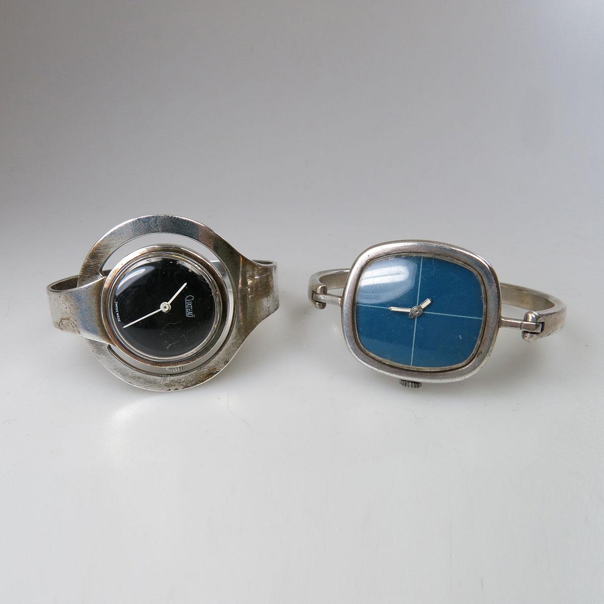 2 Lady’s Wristwatches In Silver Bangle Mounts