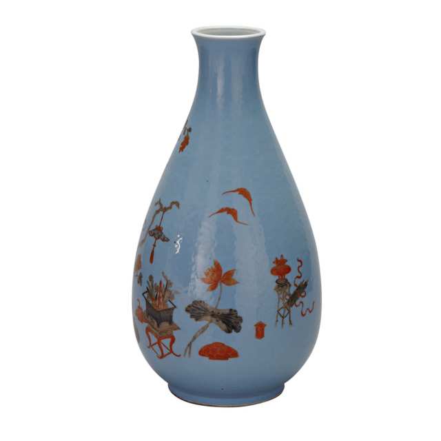 Powder Blue ‘Hundred Antiques Vase’, Qianlong Mark, Republican Period