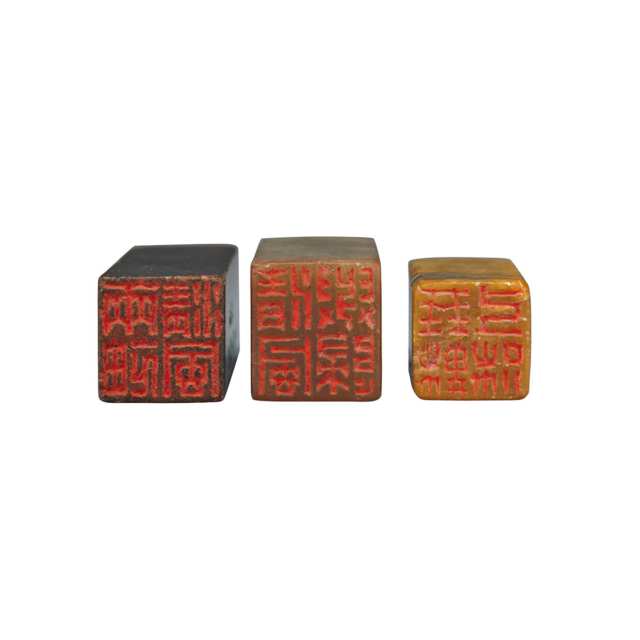 Three Soapstone Chops, Inscribed Mansheng (Chen Hongshou) (1768-1822)